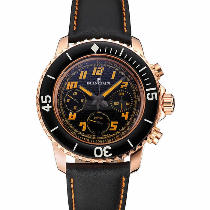 Swiss Blancpain Fifty Fathoms Flyback Chronograp Carbon Fiber Dial Rose Gold Case Black Leather Strap