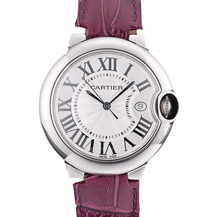 Cartier Ballon Bleu 38mm White Dial Stainless Steel Case Purple Leather Bracelet