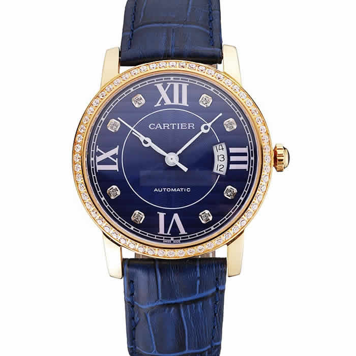 Swiss Cartier Ronde Solo Blue Dial Gold Diamond Case Blue Leather Strap