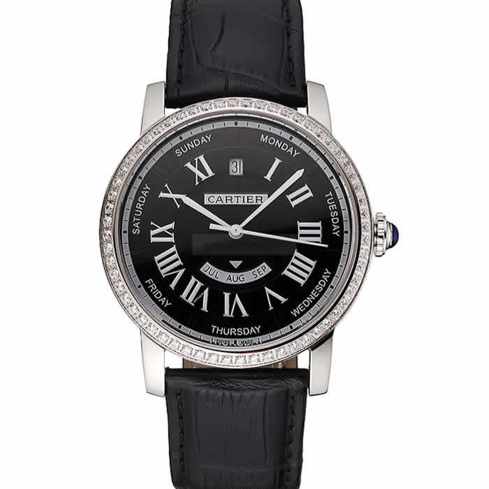 Swiss Cartier Ballon Bleu GMT Silver Dial Stainless Steel Case Black Leather Strap