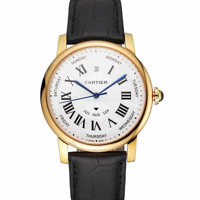 Swiss Cartier Rotonde Annual Calendar White Dial Gold Case Black Leather Strap