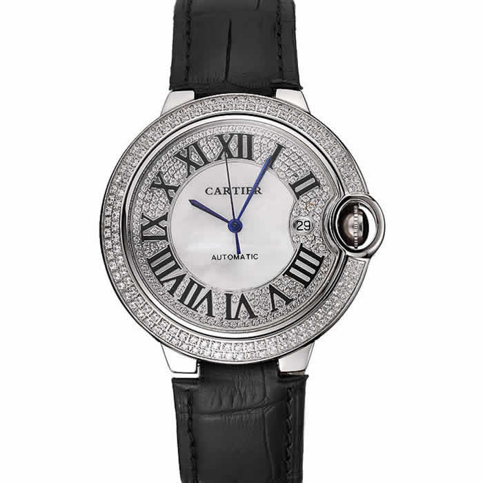 Swiss Cartier Ballon Bleu 46 MM Diamond Dial  Diamond Case Black Leather Bracelet 1453894