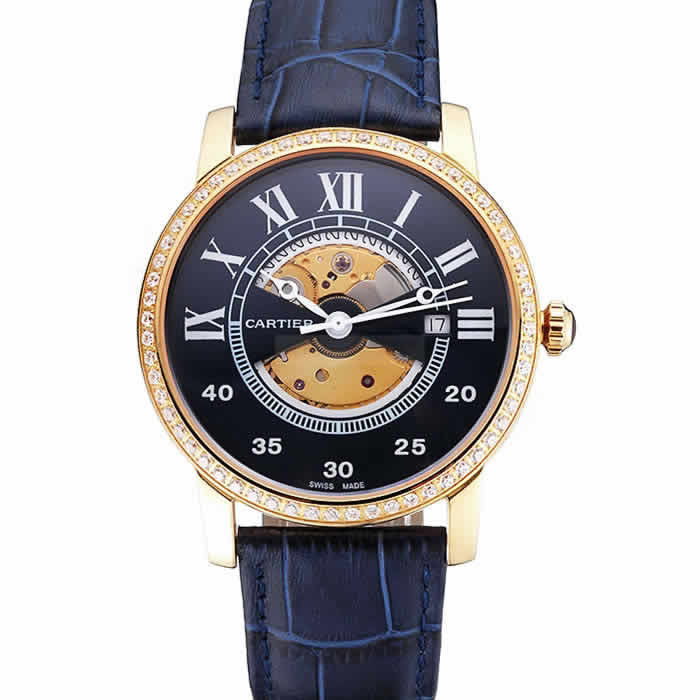 Swiss Cartier Rotonde Small Complication Blue Dial Gold Diamond Case Blue Leather Strap