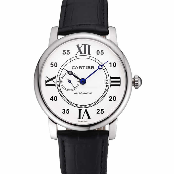 Swiss Cartier Rotonde Solo White Dial Silver Case Black Leather Strap