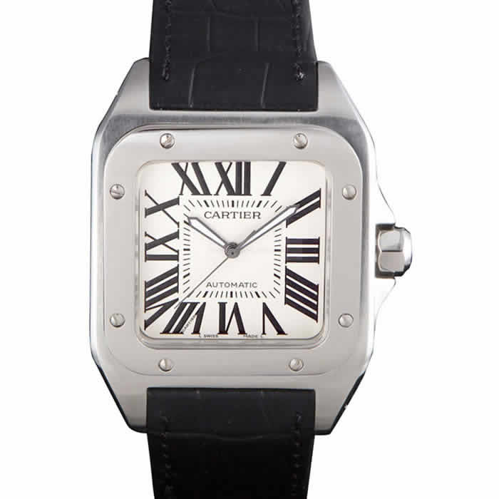 Swiss Cartier Santos Stainless Steel Bezel with Black Leather Strap  621524
