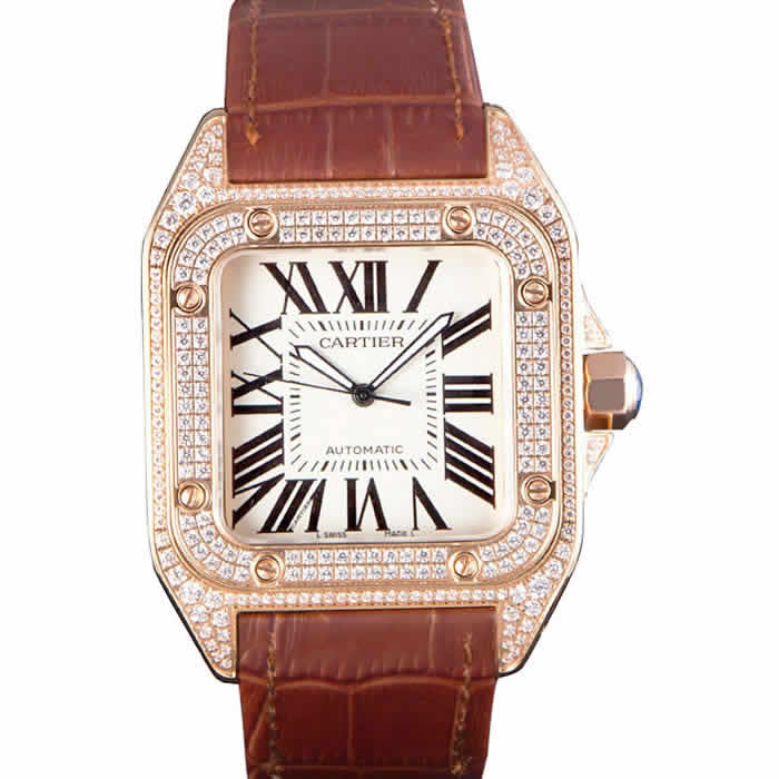 Swiss Cartier Santos Rose Gold Bezel with Diamonds and Brown Leather Strap sct46  621530