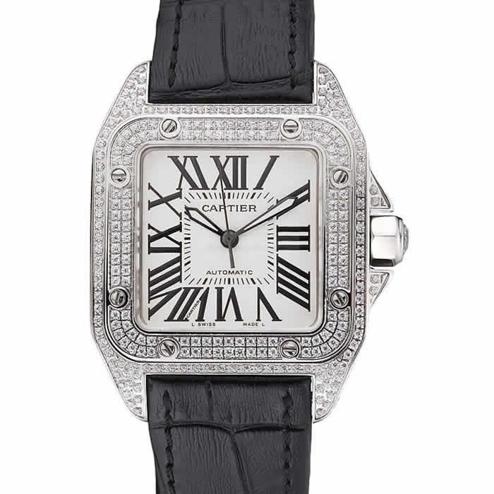 Swiss Cartier Santos Dumont Diamond Case White Dial Roman Numerals Black Leather Bracelet    622652