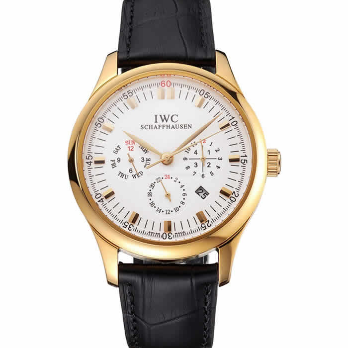 Swiss IWC Portugieser Perpetual Calendar White Dial Gold Case Black Leather Strap