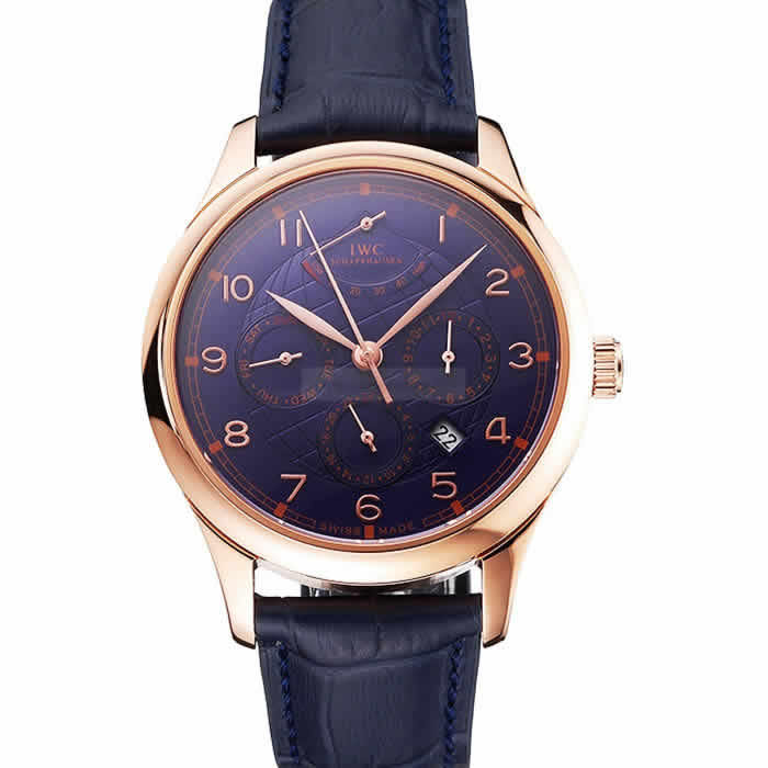 Swiss IWC Portugieser Power Reserve Blue Dial Rose Gold Case Blue Leather Strap