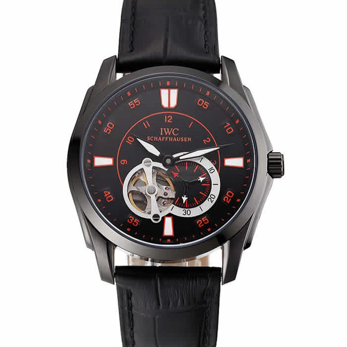 Swiss IWC Pilot's Watch Black Dial With Orange Markings Black Plated Stainless Steel Case Black Leather Strap 1453737