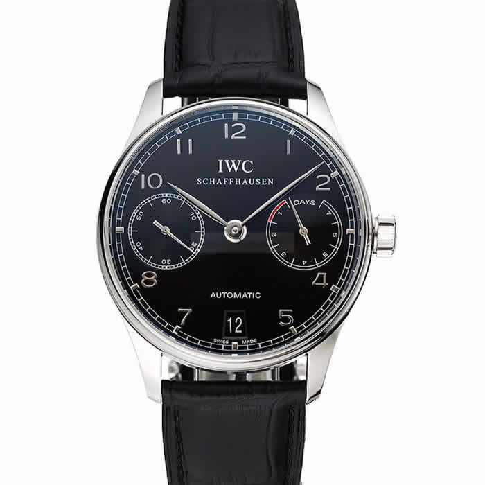 Swiss IWC Portuguese Black Dial Silver Case Black Leather Bracelet 1453903