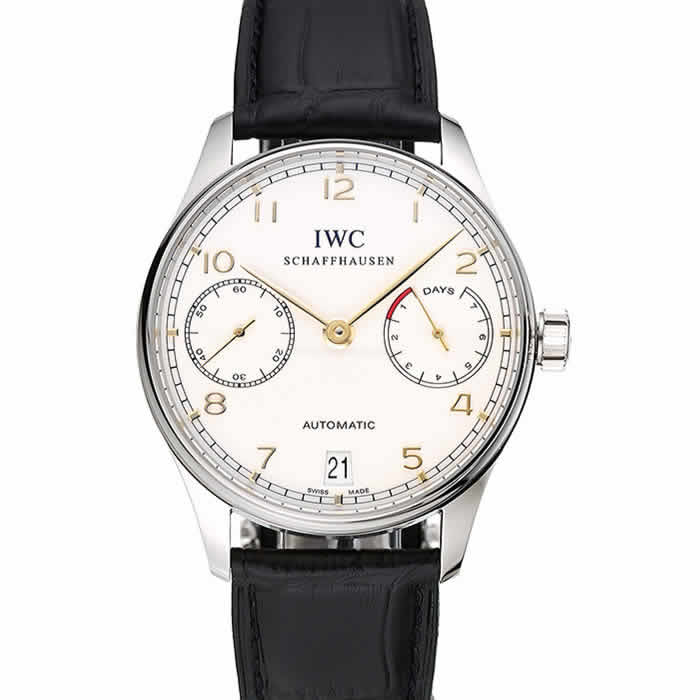 Swiss IWC Portuguese White Dial Gold Numerals Silver Case Black Leather Bracelet 1453908