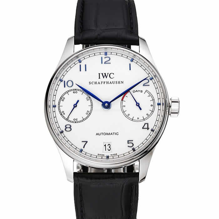 Swiss IWC Portuguese White Dial Blue Numerals Silver Case Black Leather Bracelet 1453913