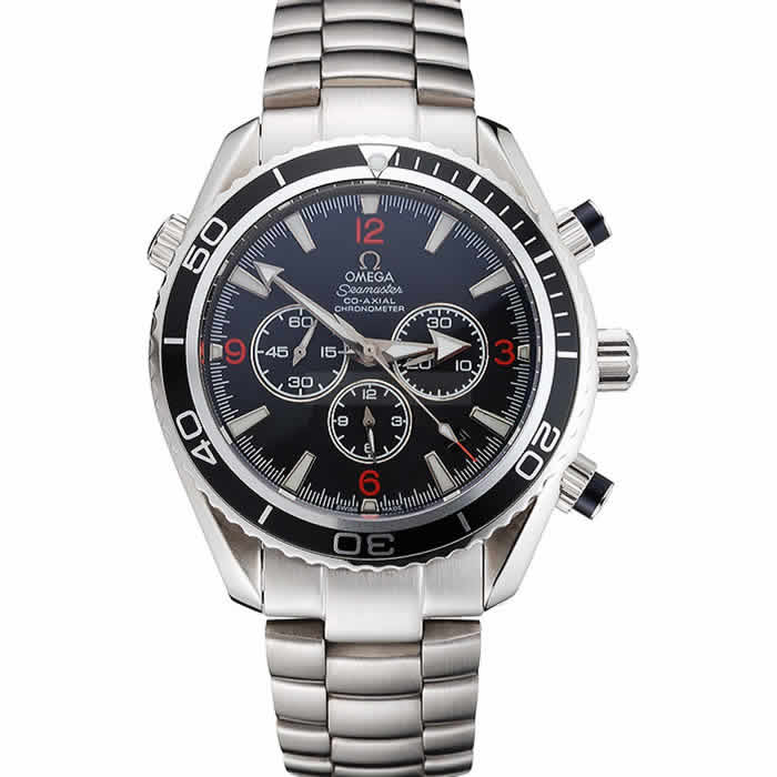 Swiss Omega Seamaster Chronograph Black Dial Black Bezel Stainless Steel Case And Bracelet