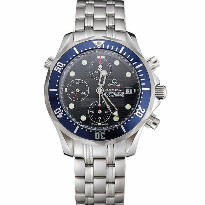 Swiss Omega Seamaster Chronograph 300m Blue Dial Blue Bezel Stainless Steel Case And Bracelet