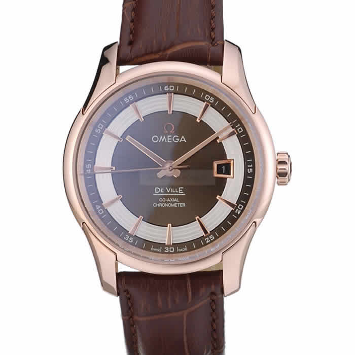 Omega Swiss DeVille Rose Gold Bezel Brown Leather Strap 7614