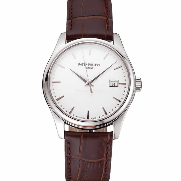 Swiss Patek Philippe Calatrava White Dial Stainless Steel Case Brown Leather Strap