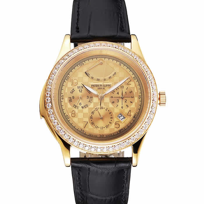 Swiss Patek Philippe Grand Complications Power Reserve Gold Dial And Case Diamond Bezel Black Leather Strap