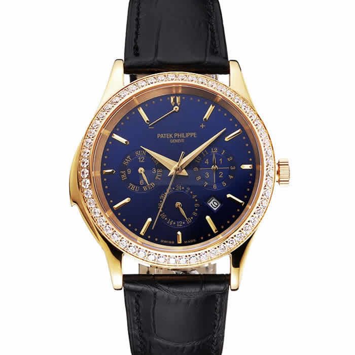 Swiss Patek Philippe Grand Complications Perpetual Calendar Blue Dial Gold Case Diamond Bezel Black Leather Strap