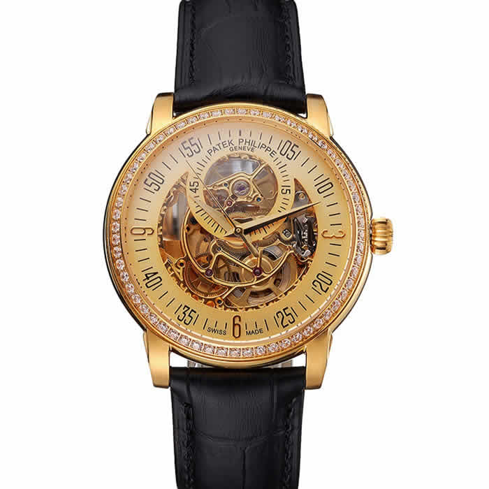 Swiss Patek Philippe Complications Openworked Dial Gold Case Diamond Bezel Black Leather Strap