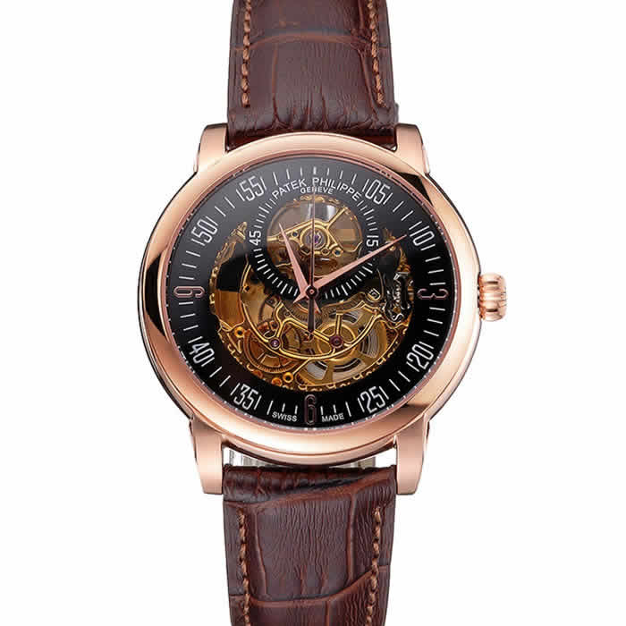 Swiss Patek Philippe Complications Openworked Dial Rose Gold Case Brown Leather Strap