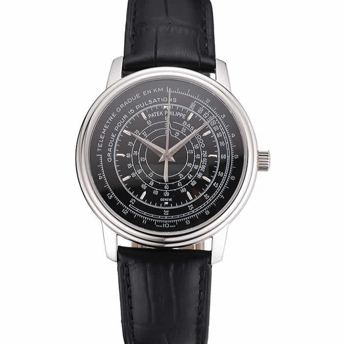 Swiss Patek Philippe Multi-Scale Chronograph Black Dial Stainless Steel Case Black Leather Strap