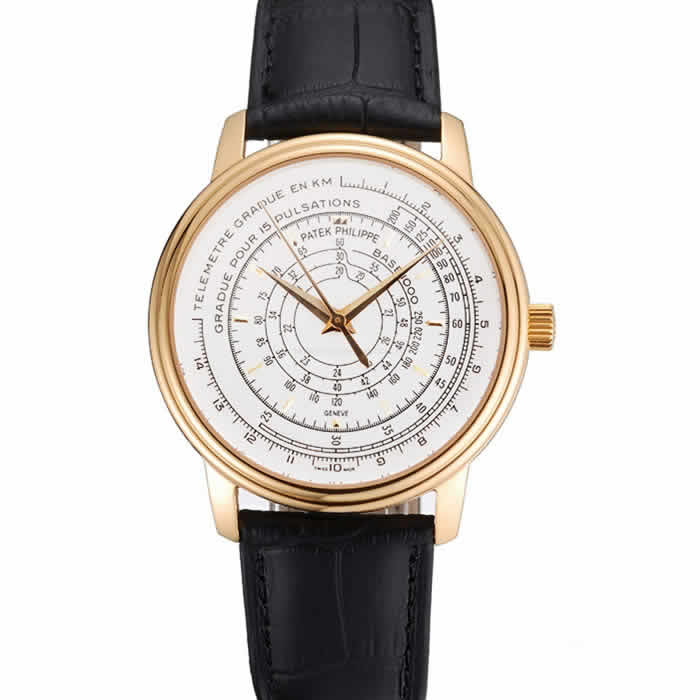 Swiss Patek Philippe Multi-Scale Chronograph White Dial Gold Case Black Leather Strap