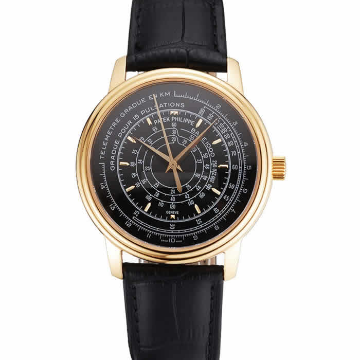 Swiss Patek Philippe Multi-Scale Chronograph Black Dial Gold Case Black Leather Strap