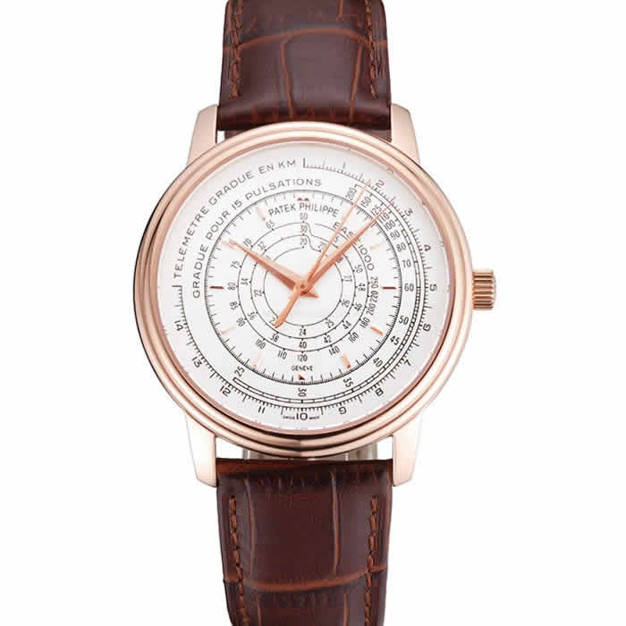Swiss Patek Philippe Multi-Scale Chronograph White Dial Rose Gold Case Brown Leather Strap