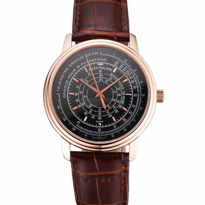 Swiss Patek Philippe Multi-Scale Chronograph Black Dial Rose Gold Case Brown Leather Strap