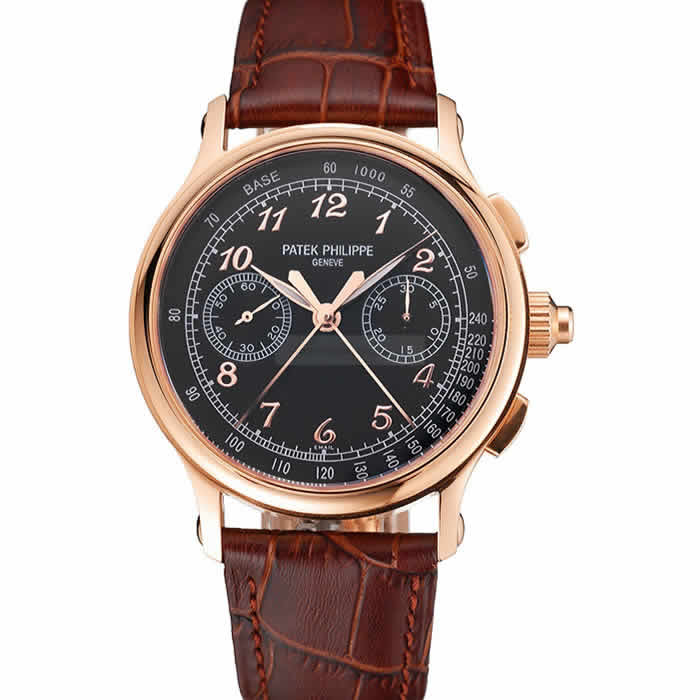 Swiss Patek Philippe Split Seconds Chronograph Black Dial Rose Gold Case Brown Leather Strap