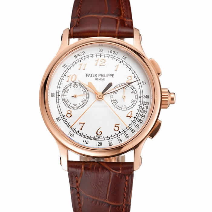 Swiss Patek Philippe Split Seconds Chronograph White Dial Rose Gold Case Brown Leather Strap