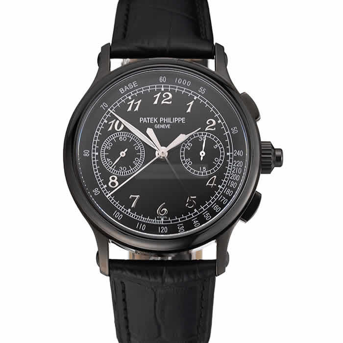 Swiss Patek Philippe Split Seconds Chronograph Black Dial Black Case Black Leather Strap
