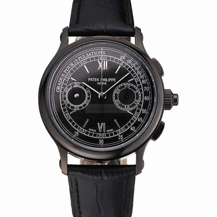 Swiss Patek Philippe 5170J Chronograph Black Dial Black Case Black Leather Strap