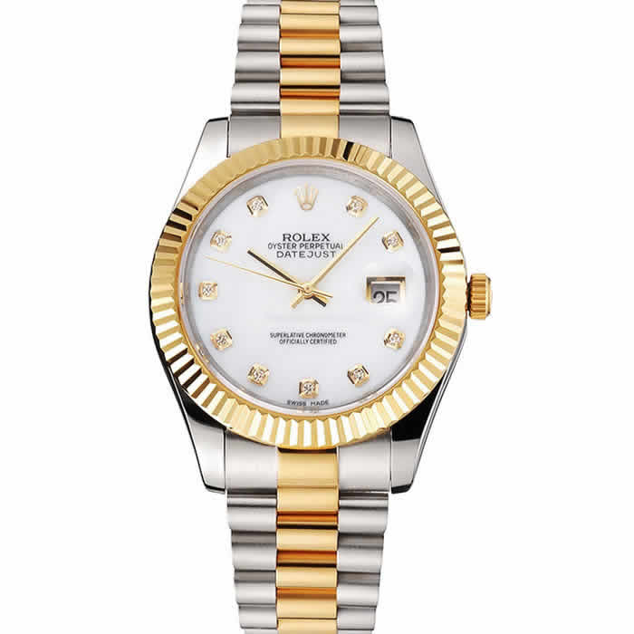 Swiss Rolex Datejust White Dial Diamond Hour Marks Gold Bezel Stainless Steel Case Two Tone Bracelet