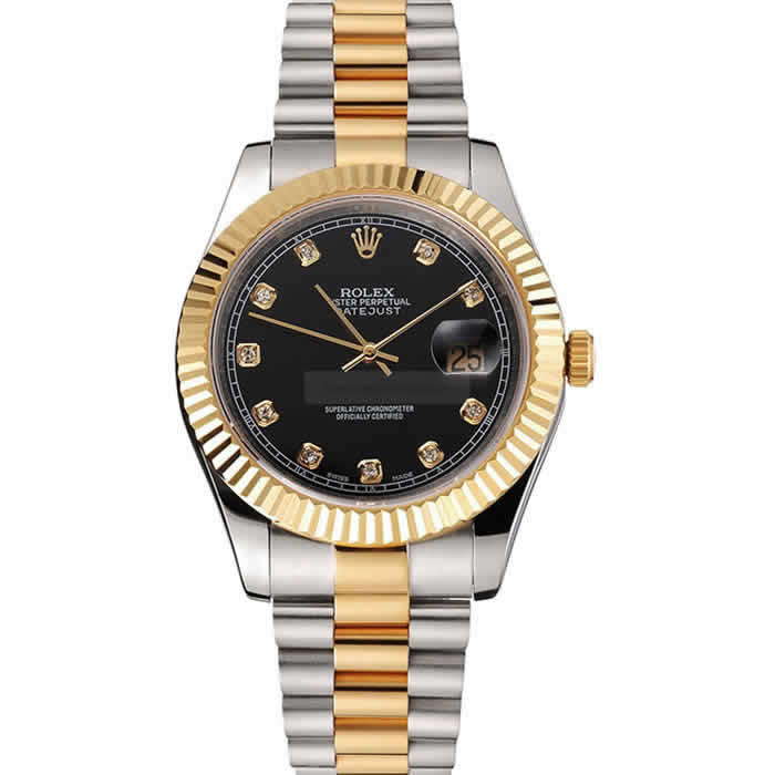 Swiss Rolex Datejust Black Dial Stainless Steel Case Gold Bezel Two Tone Bracelet