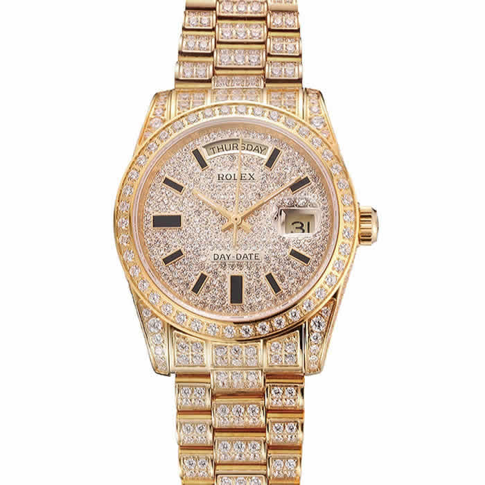 Swiss Rolex Day Date Yellow Gold Full Diamond Pave