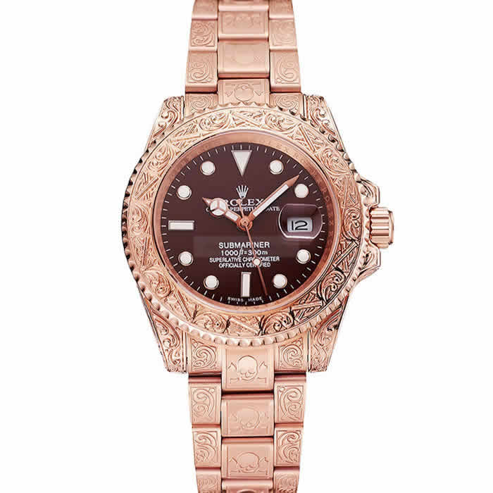 Swiss Rolex Submariner Skull Limited Edition Brown Dial Rose Gold Case And Bracelet 1454087