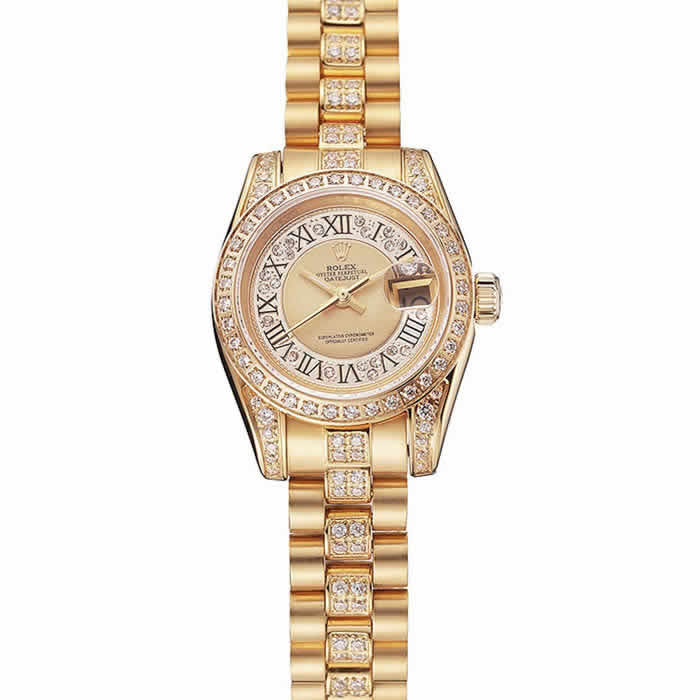 Swiss Rolex DayJust Diamond Pave Gold Dial Gold Diamond Bracelet 1453953