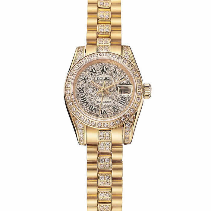 Swiss Rolex DayJust Diamond Pave Dial Gold Diamond Bracelet 1453955