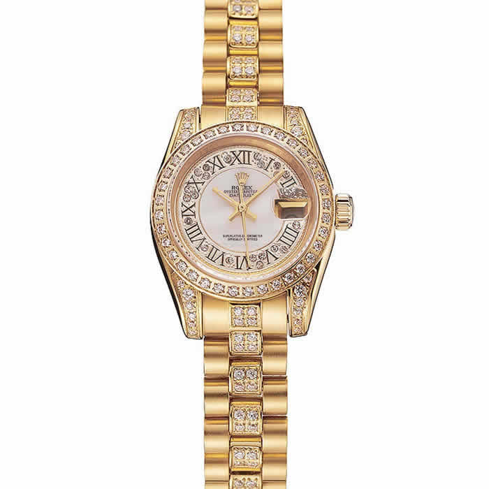 Swiss Rolex DayJust Diamond Pave White Dial Gold Diamond Bracelet 1453957