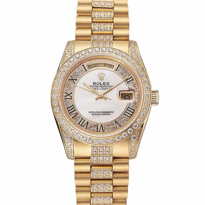 Swiss Rolex Day-Date Diamond Pave White Dial Gold Diamond Bracelet 1453958