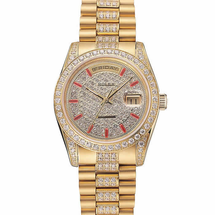 Swiss Rolex Day-Date Red Diamond Pave Dial Gold Diamond Bracelet 1453960