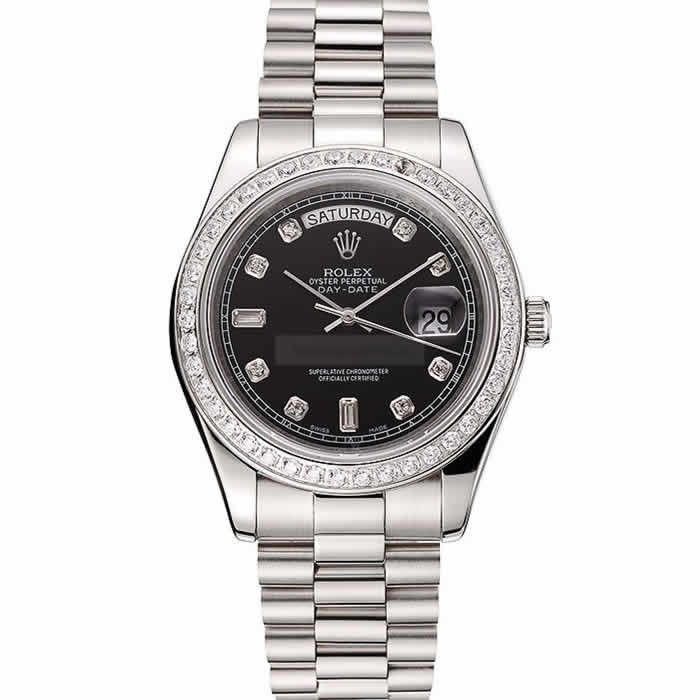 Swiss Rolex Day-Date Black Dial Diamond Case Diamond Numerals Stainless Steel Bracelet 1453966