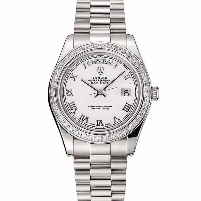 Swiss Rolex Day-Date White Dial Diamond Case Stainless Steel Bracelet 1453967