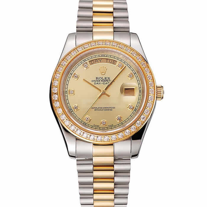 Swiss Rolex Day-Date Champagne Dial Gold Diamond Case Two Tone Stainless Steel Bracelet 1453974