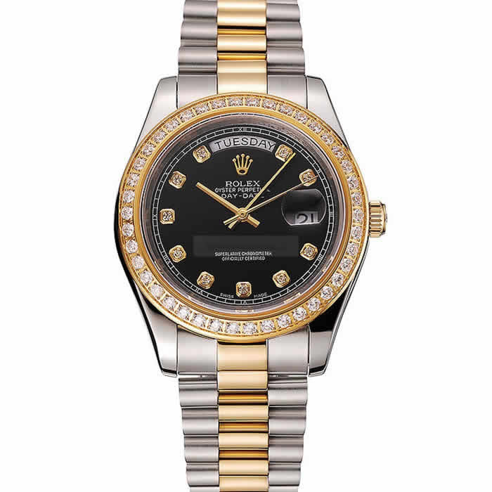 Swiss Rolex Day-Date Black Dial Gold Diamond Case Two Tone Stainless Steel Bracelet 1453975