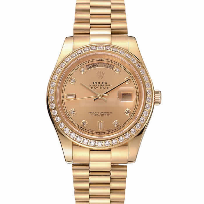 Swiss Rolex Day-Date Champagne Dial Diamond Bezel Gold Bracelet 1454099