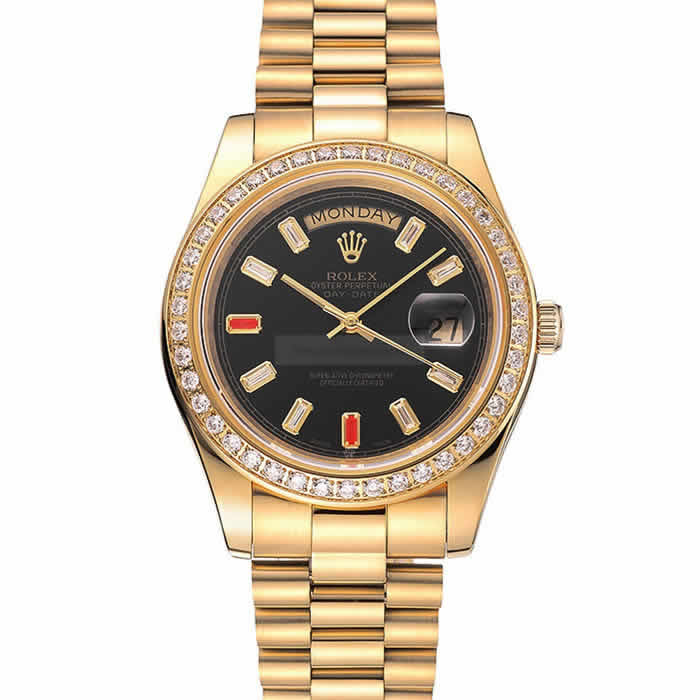 Swiss Rolex Day-Date Diamonds And Rubies Black Dial Gold Bracelet 1454101