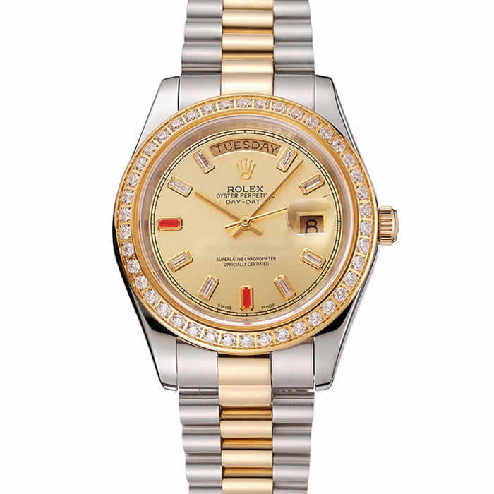 Swiss Rolex Day-Date Diamonds And Rubies Champagne Dial Two Tone Bracelet 1454104